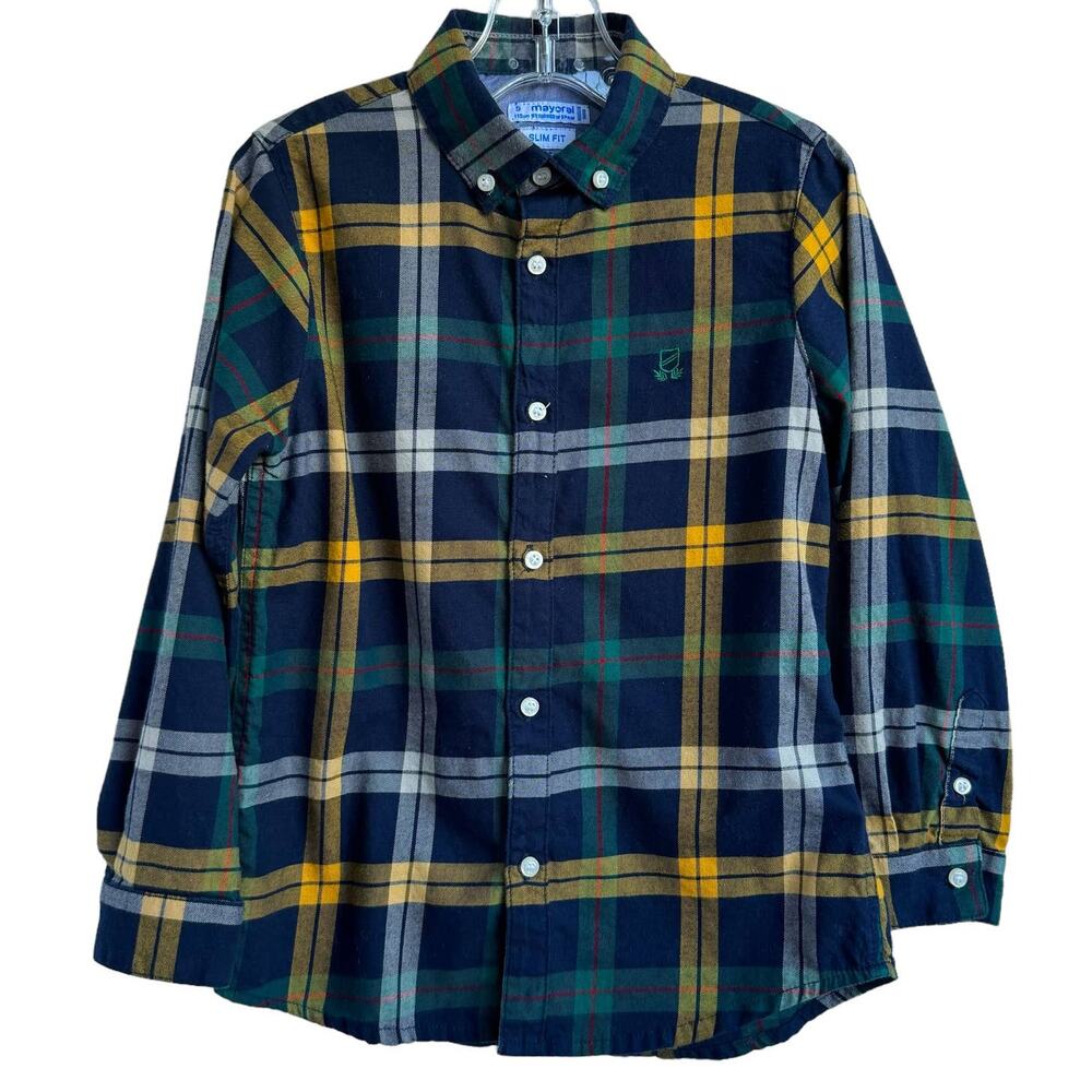 Kids Mayoral Navy Yellow Slim Fit Cotton Plaid Button Up Checked Casual Shirt 5 - Picture 1 of 6